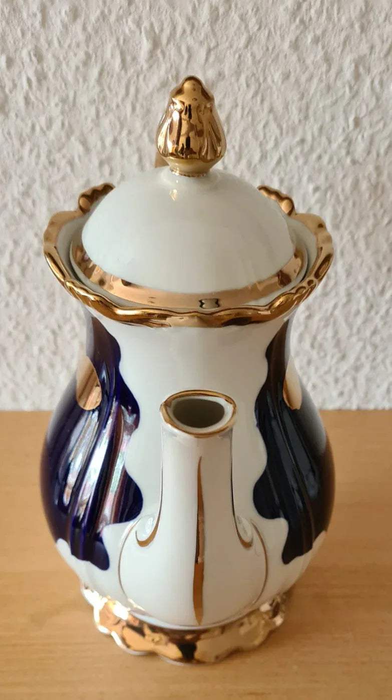 Reichenbacher Porzellan Kaffeekanne mit Milchkännchen echt Kobalt und Rosé vergoldet