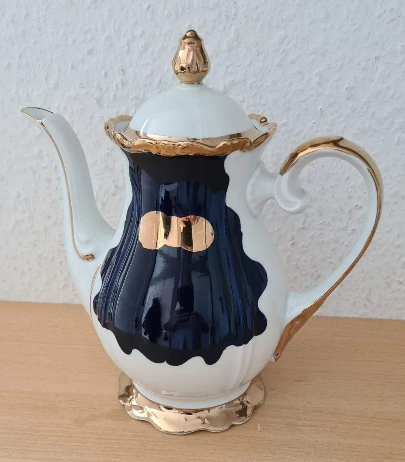 Reichenbacher Porzellan Kaffeekanne mit Milchkännchen echt Kobalt und Rosé vergoldet