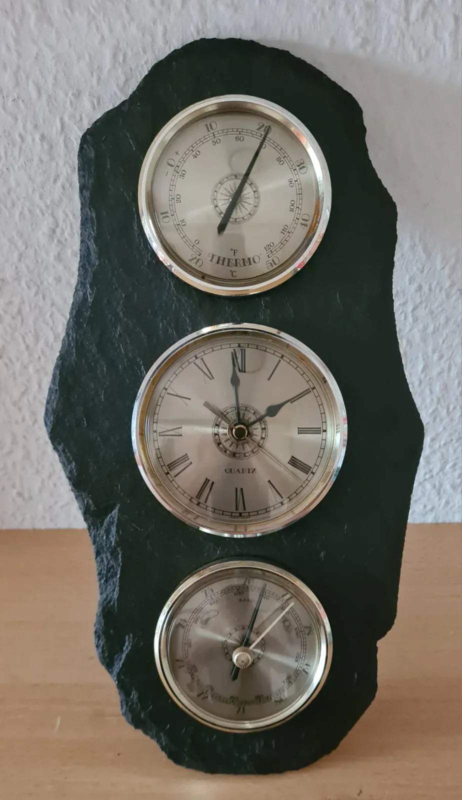 Wanduhr / Uhr Barometer Thermometer Schiefer schieferplatte Quarz