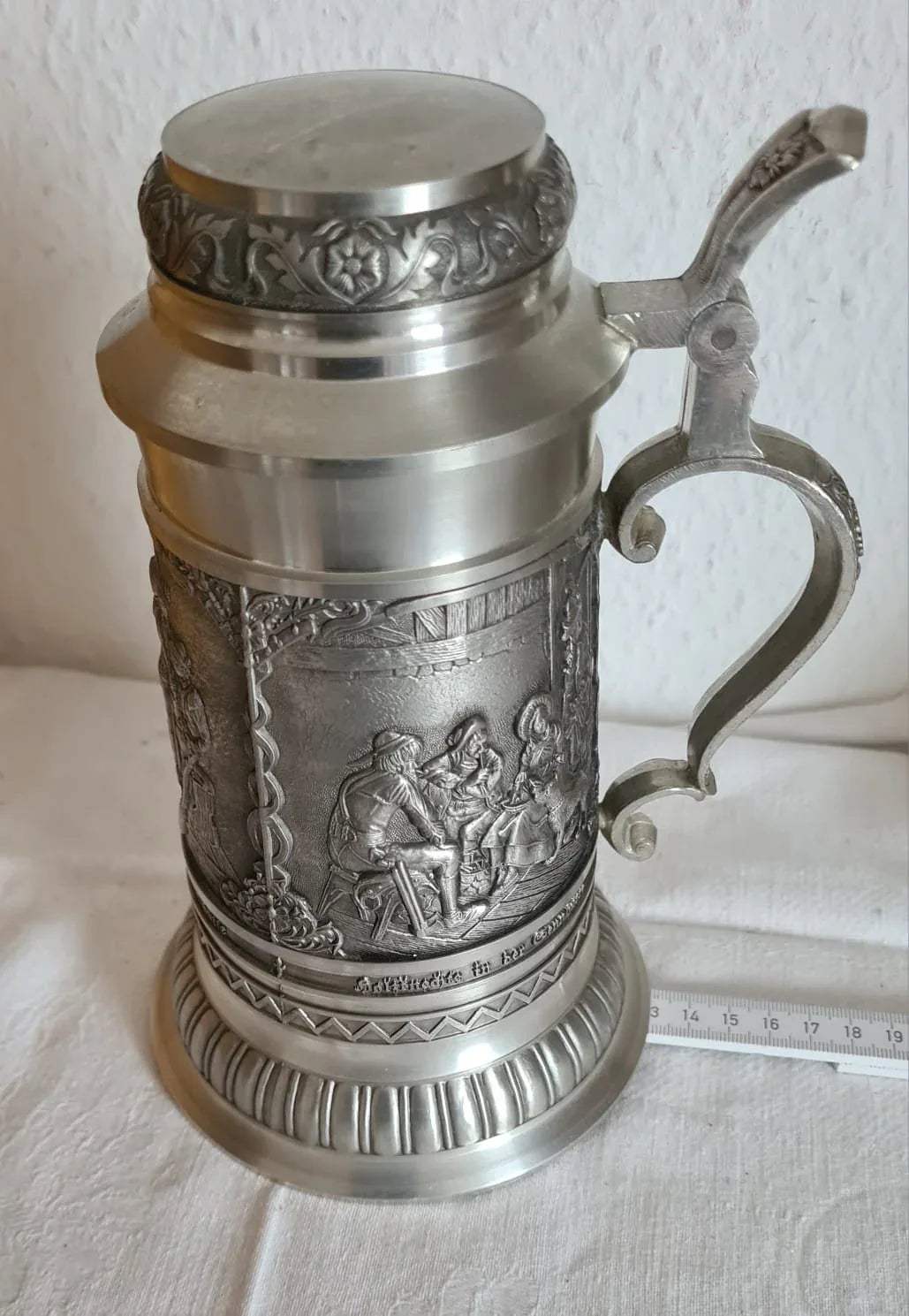 Zinnkrug Franz Defregger mit Deckel, Humpen, 0,75 Liter Bierkrug aus Zinn