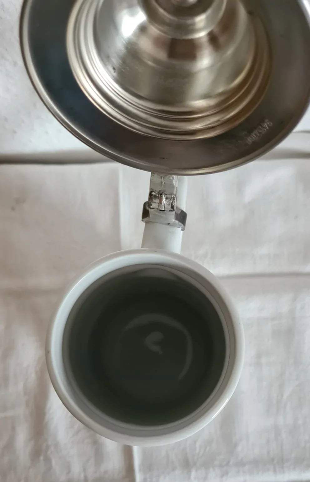Porzellankrug mit Zinndeckel von Schönknecht Reichenbach Glück auf 80. Geburtstag, Bierkrug, Humpen