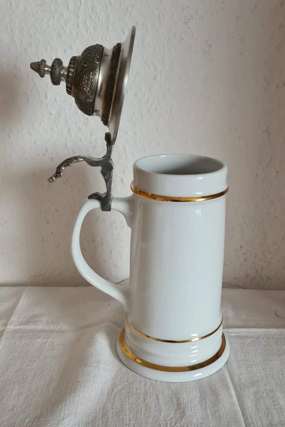 Porzellankrug mit Zinndeckel von Schönknecht Reichenbach Glück auf 80. Geburtstag, Bierkrug, Humpen