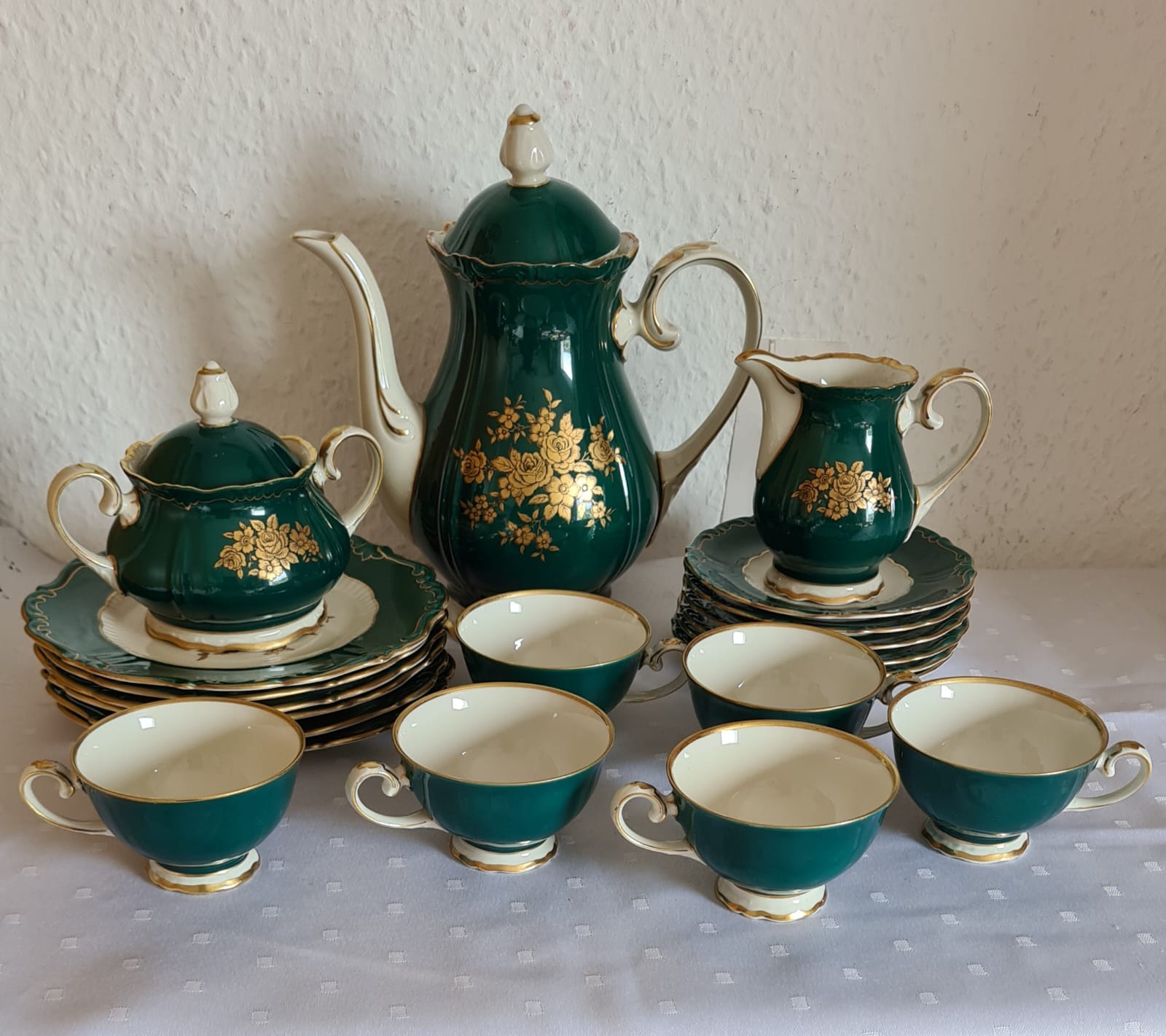 Antikes Reichenbacher Porzellan Mokkaservice Kobaltgrün / vergoldet, Altes Kaffeeset