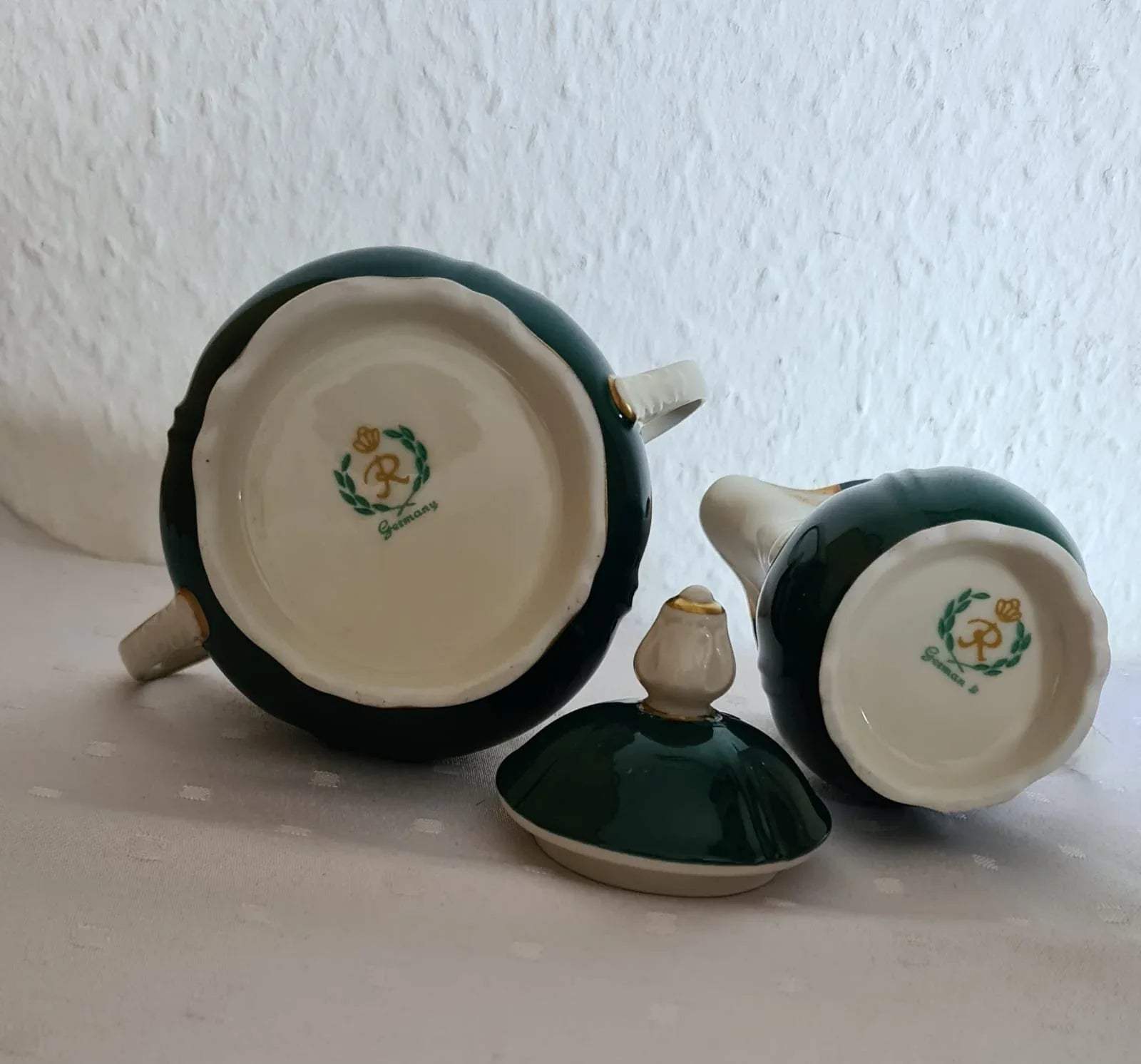Antikes Reichenbacher Porzellan Mokkaservice Kobaltgrün / vergoldet, Altes Kaffeeset