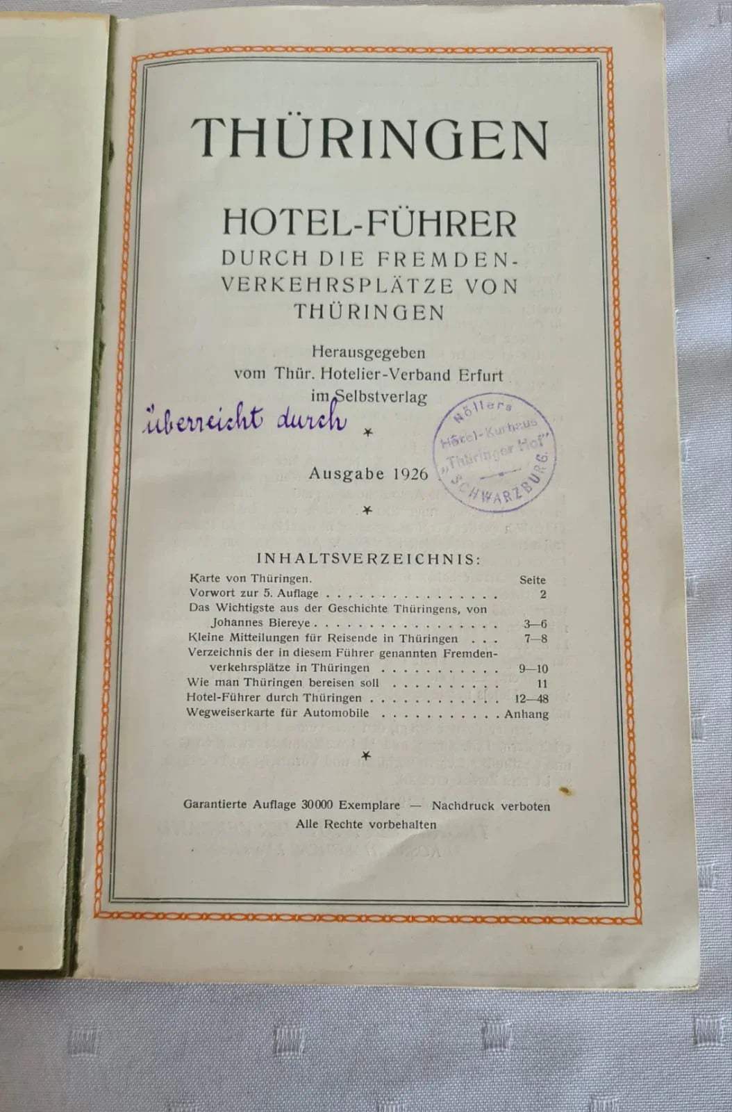 Buch Thüringen Hotel-Führer Ausgabe 1926