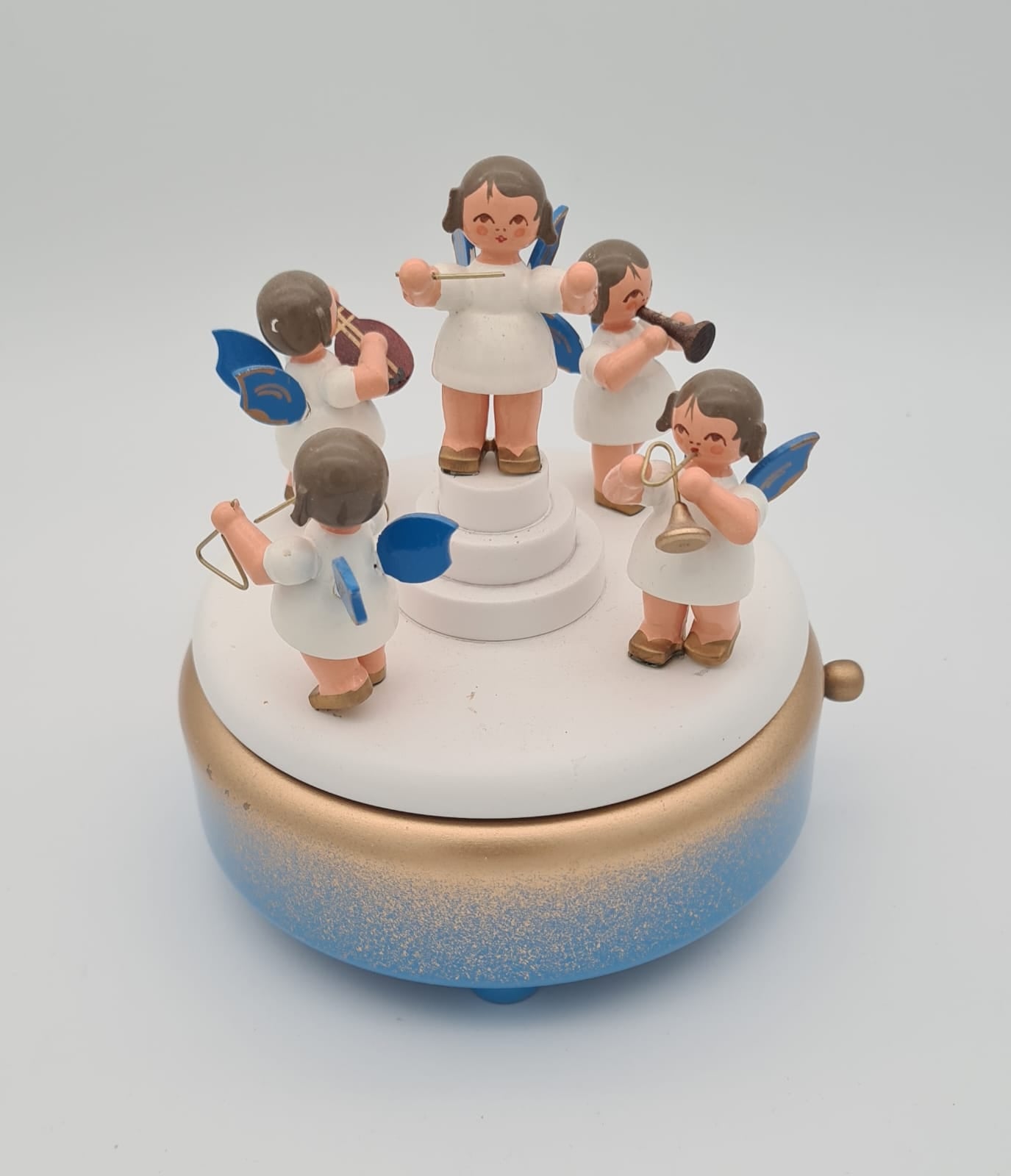 Spieldose blau mit Weihnachtsengel Dregeno echt Erzgebirge, Weihnachtsspieluhr