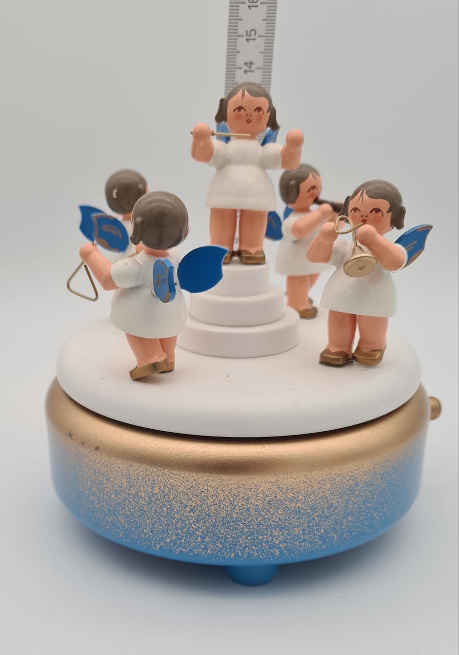 Spieldose blau mit Weihnachtsengel Dregeno echt Erzgebirge, Weihnachtsspieluhr