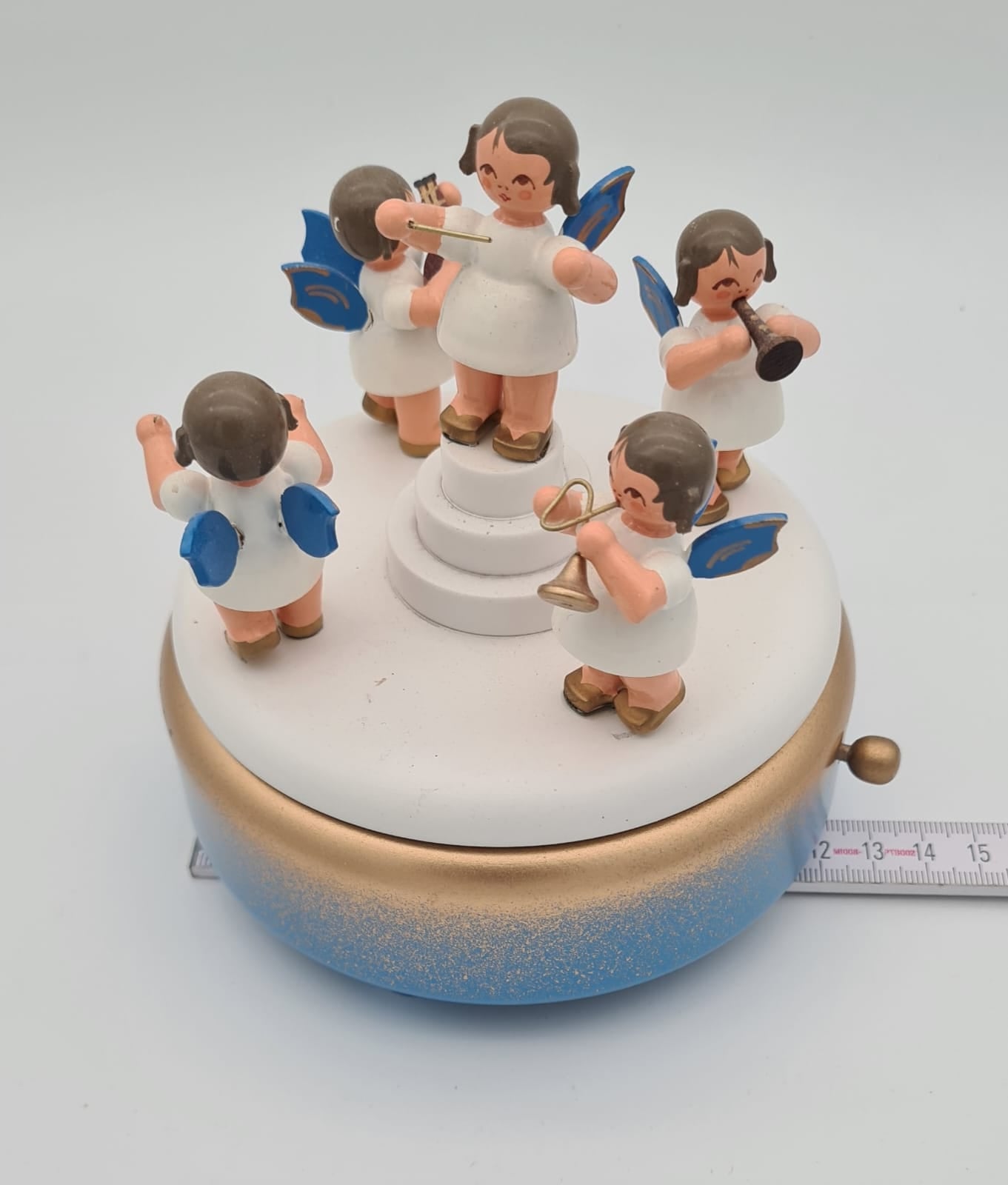 Spieldose blau mit Weihnachtsengel Dregeno echt Erzgebirge, Weihnachtsspieluhr