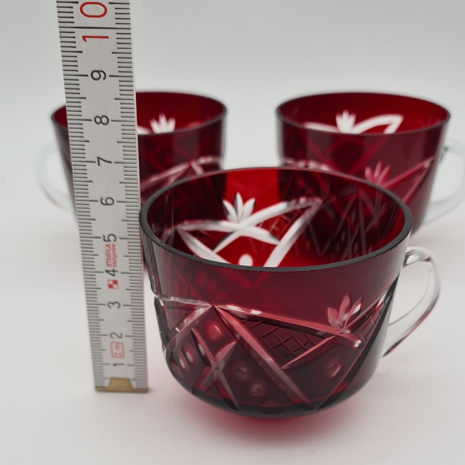 Kristallglas Tassen mit Untertassen in Rot 3er-Set, Bleikristall Teetassen