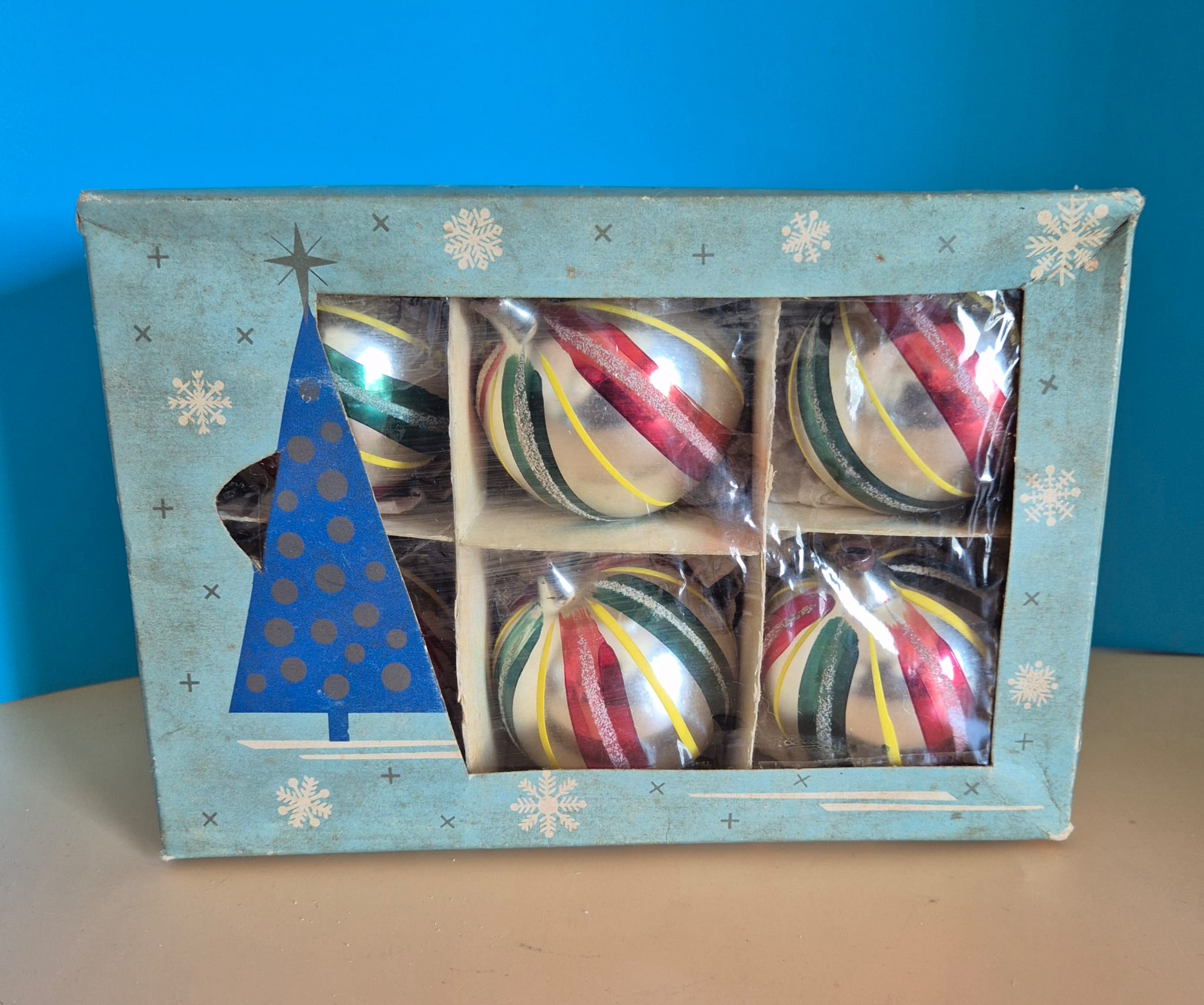 6 alte Weihnachtskugeln aus Glas in Originalverpackung