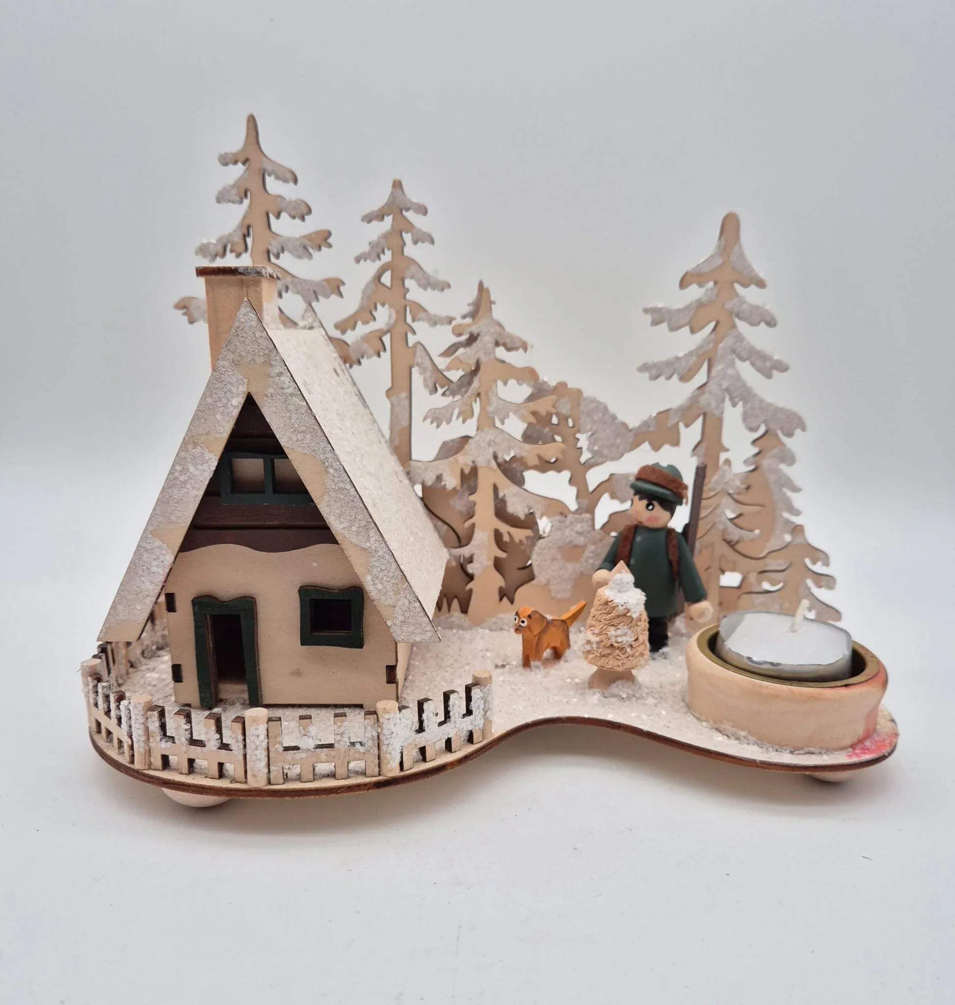 Holz-Teelichthalter Winterlandschaft mit Räucherhäuschen – Amsel