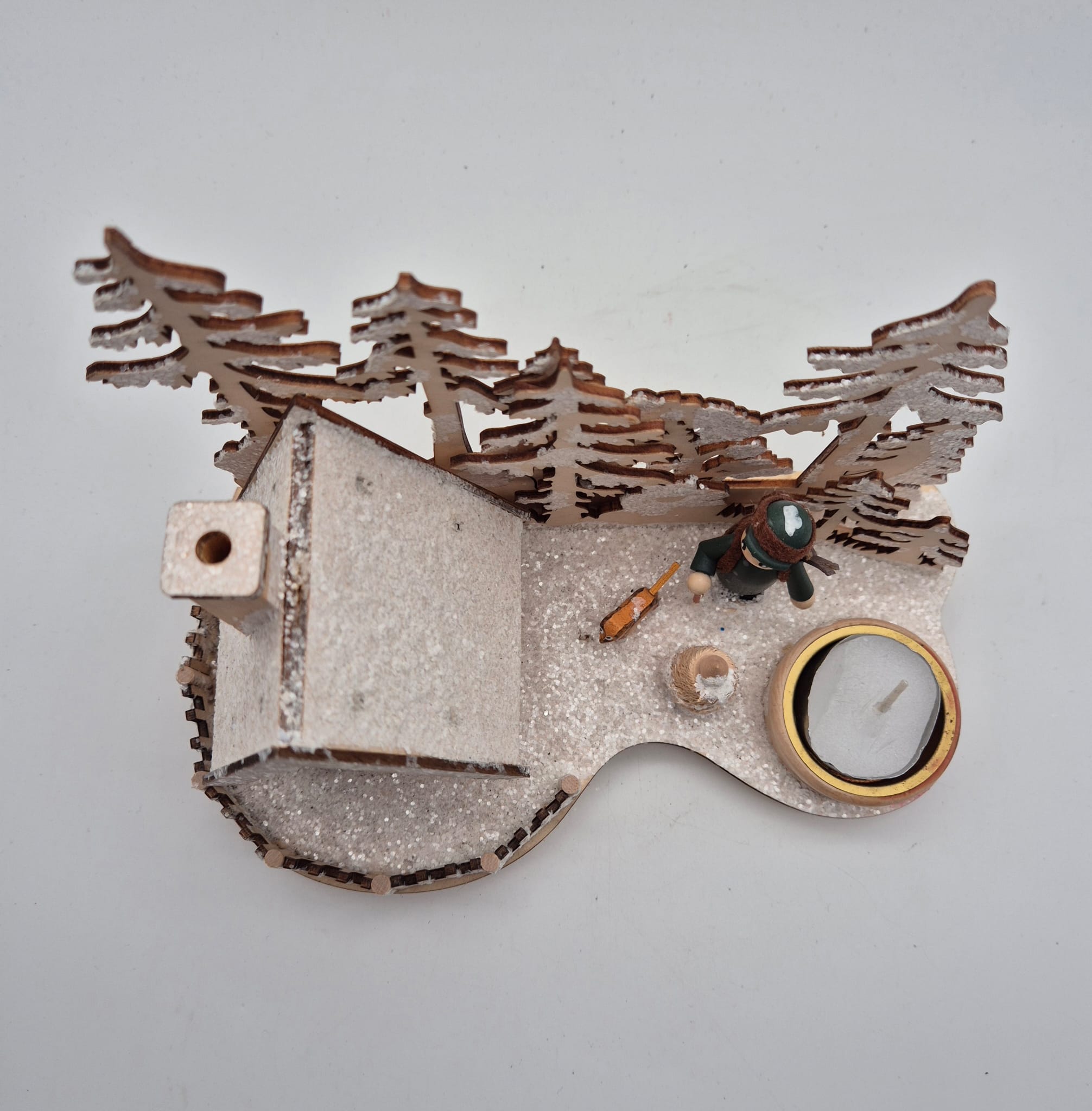 Holz-Teelichthalter Winterlandschaft mit Räucherhäuschen – Amsel