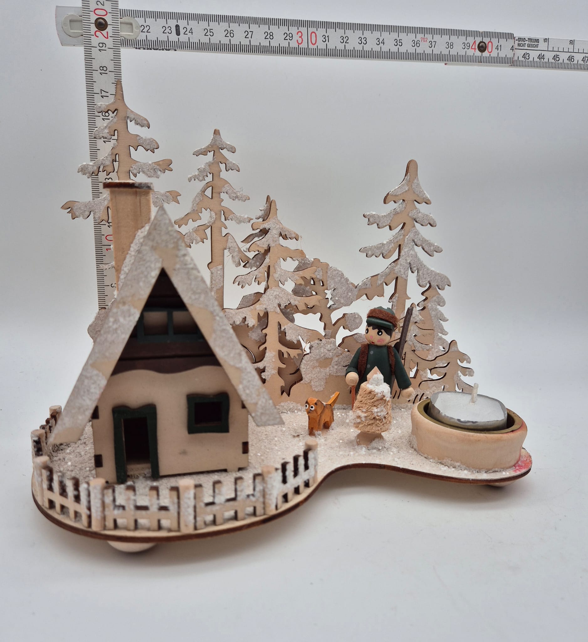 Holz-Teelichthalter Winterlandschaft mit Räucherhäuschen – Amsel