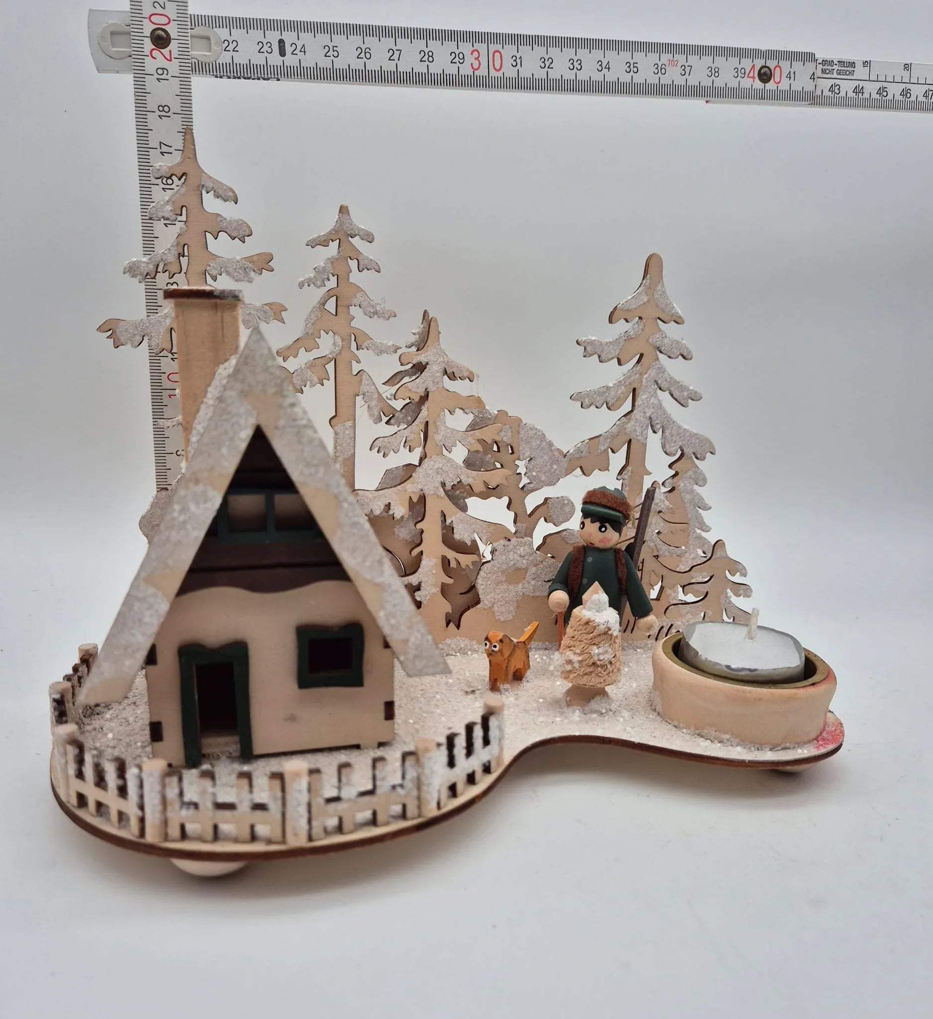 Holz-Teelichthalter Winterlandschaft mit Räucherhäuschen – Amsel