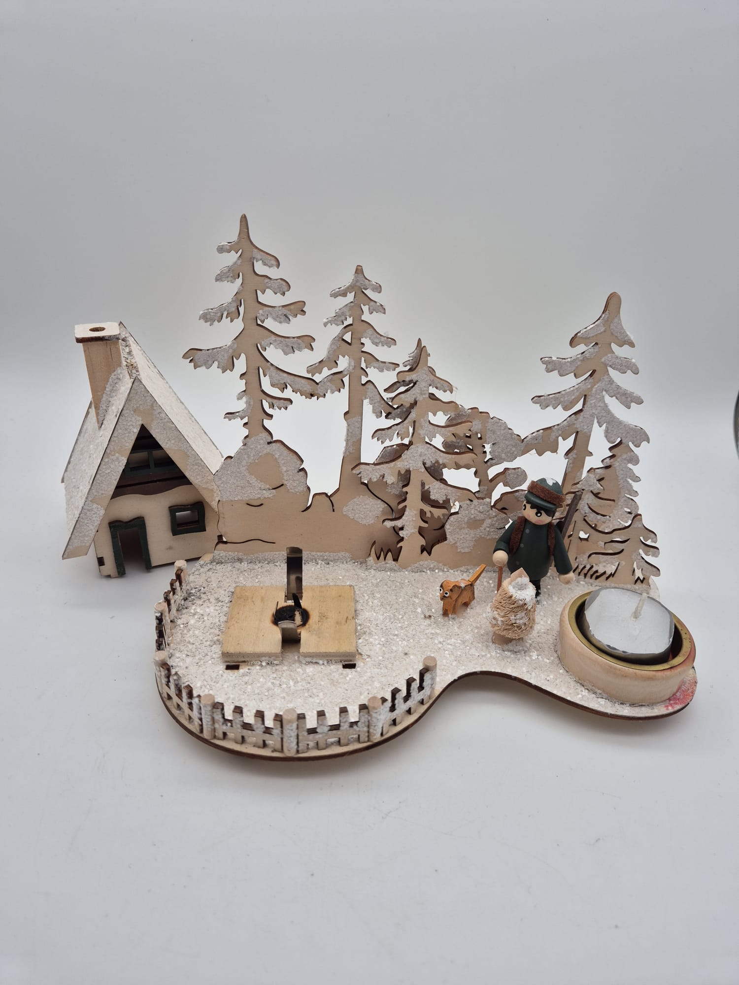 Holz-Teelichthalter Winterlandschaft mit Räucherhäuschen – Amsel