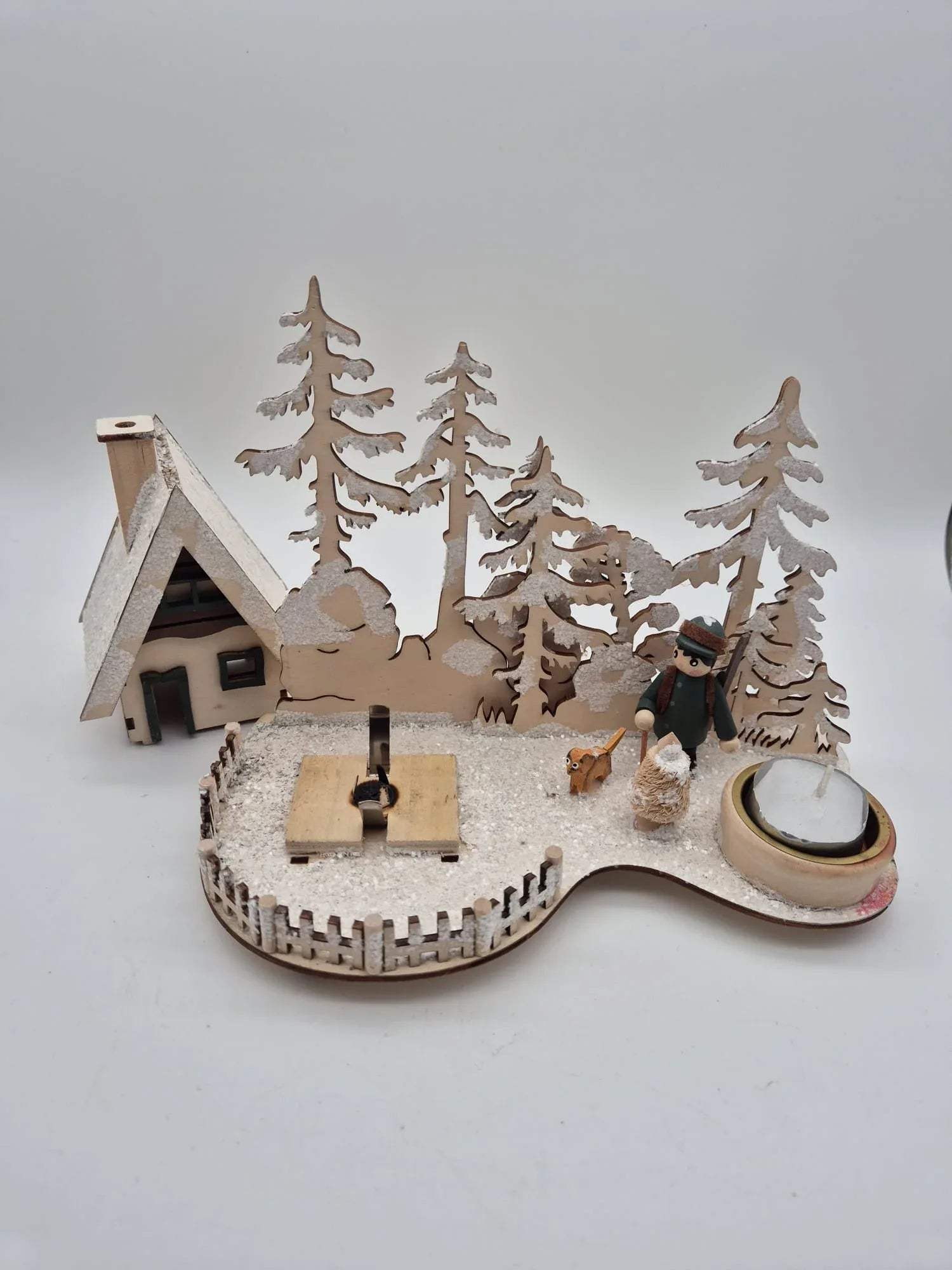 Holz-Teelichthalter Winterlandschaft mit Räucherhäuschen – Amsel