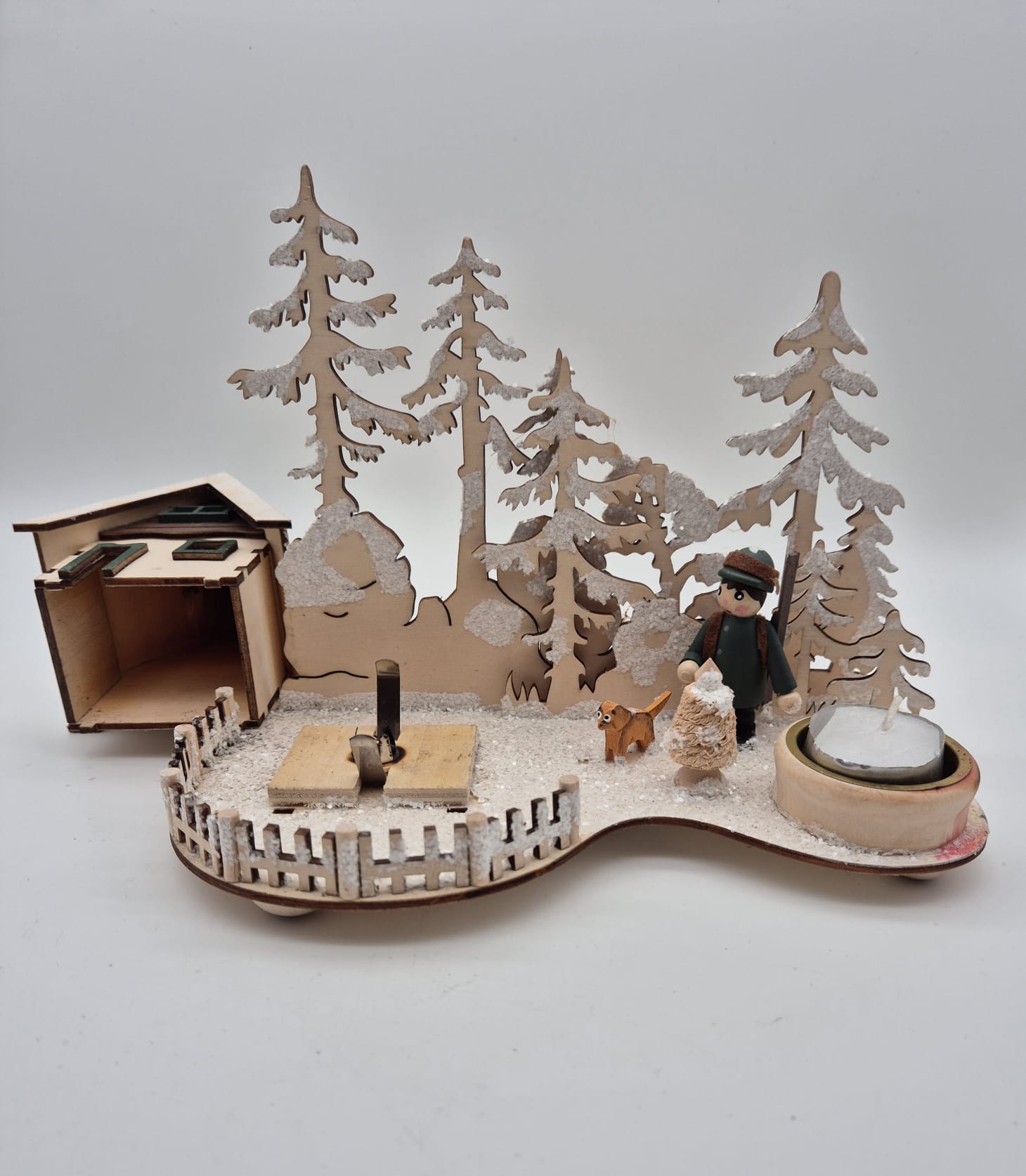 Holz-Teelichthalter Winterlandschaft mit Räucherhäuschen – Amsel
