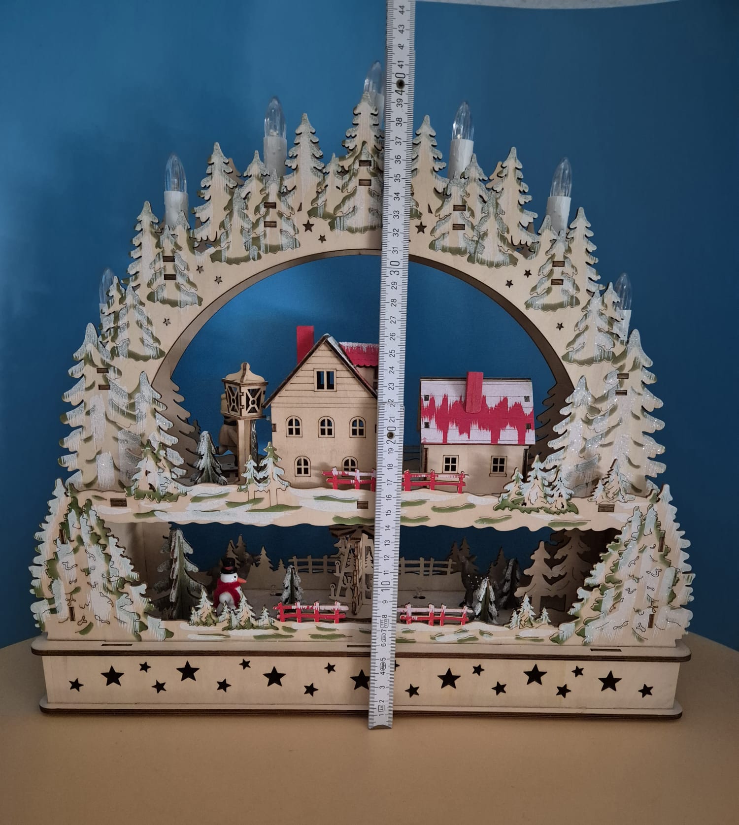Großer Holz-Schwibbogen mit Winterlandschaft