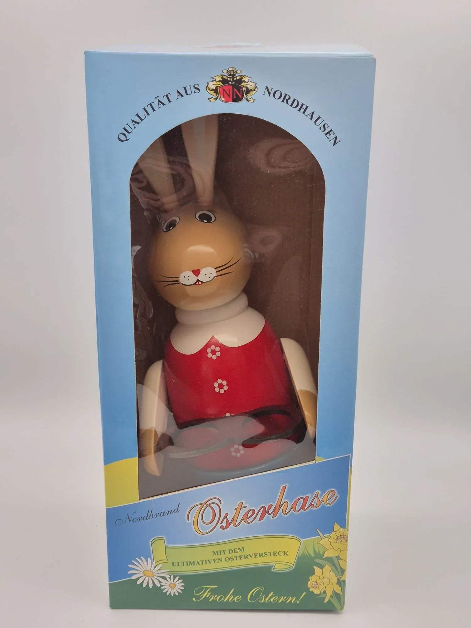 Großer Holz Osterhase mit Tablett & 2 Schnapsgläsern – Nordbrand Nordhausen – ca. 34 cm