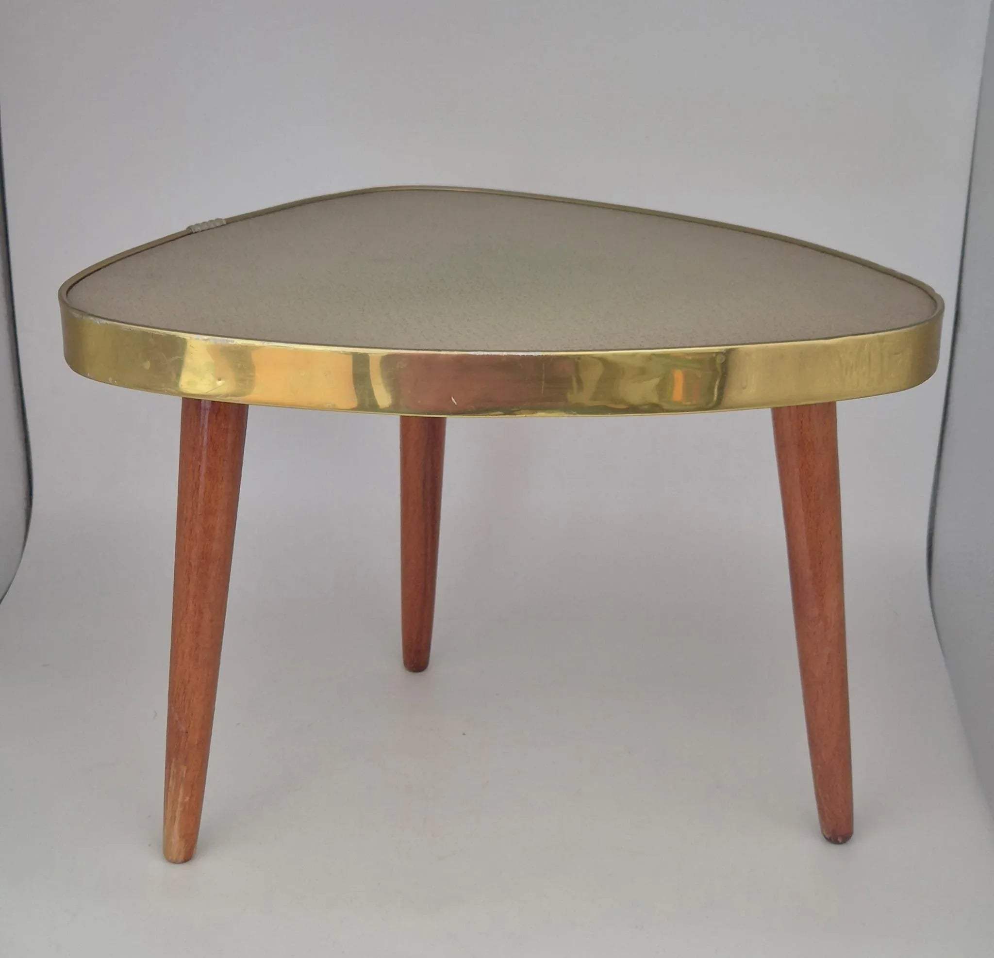 Mid Century Beistelltisch Dreibein Nierentisch Messing Holz