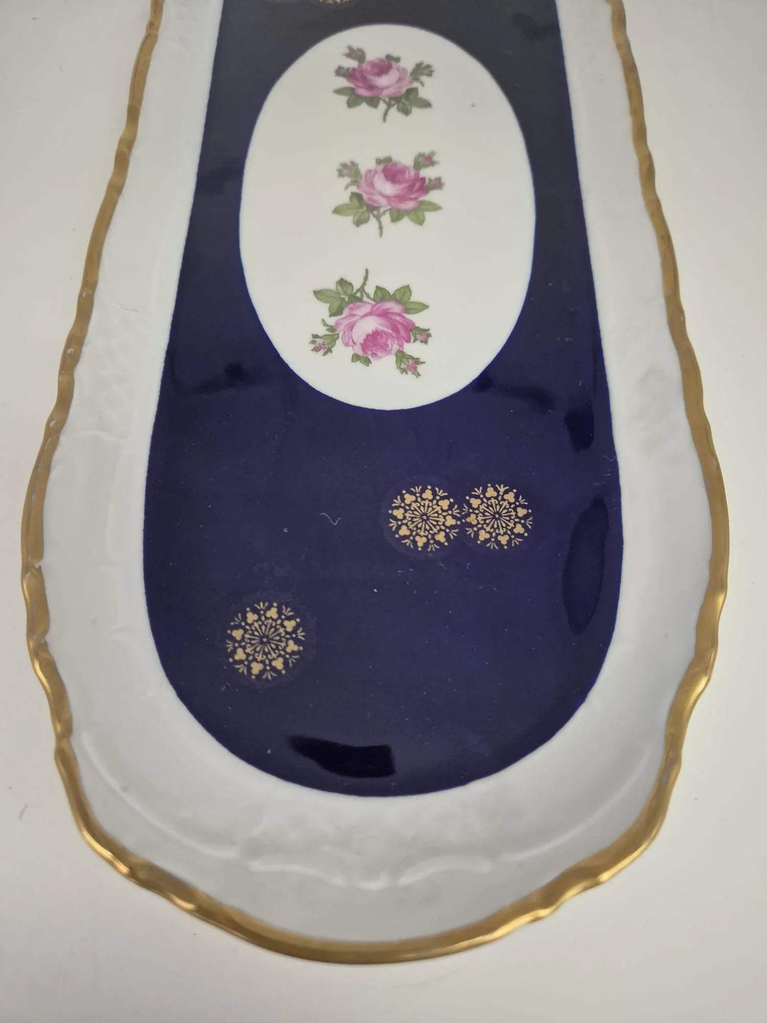Reichenbacher Porzellan Servierplatte Kobalt Blau mit Goldrand & Rosenmotiv