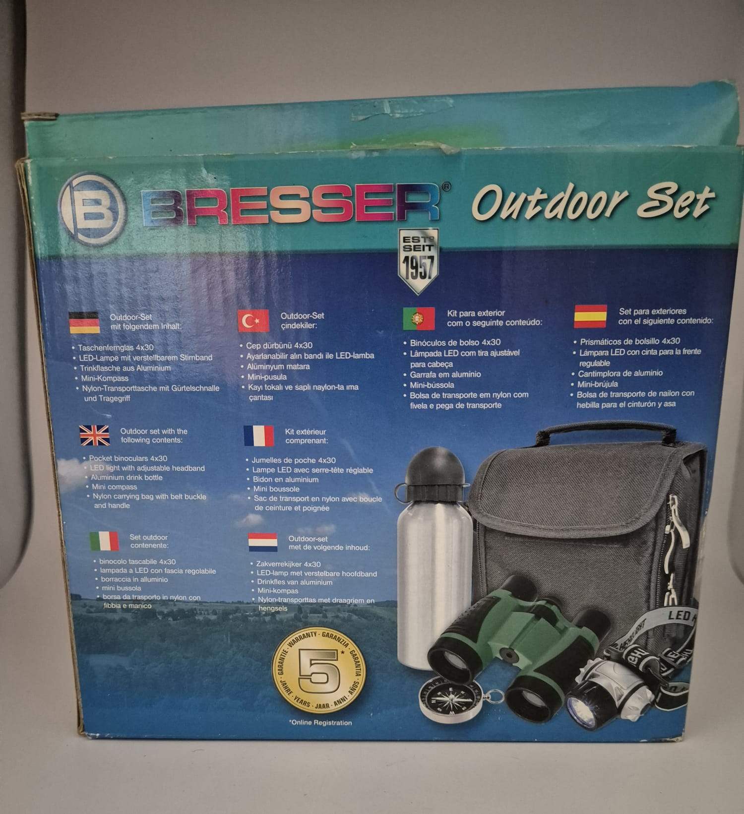 NEU: Bresser Outdoor Set – Fernglas, LED-Stirnlampe, Trinkflasche, Kompass & Tasche