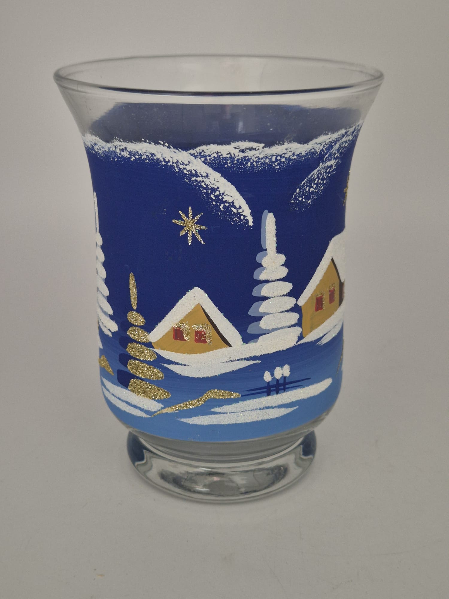 Thüringer Windlicht aus Glas – handbemalt mit Winterlandschaft – ca. 15 cm