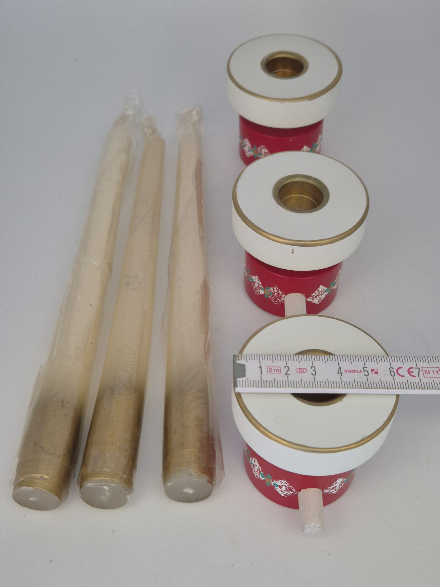 3 Expertic Kerzenhalter / Leuchter – Original Erzgebirge DDR – Rot-Weiß – mit Kerzen & OVP