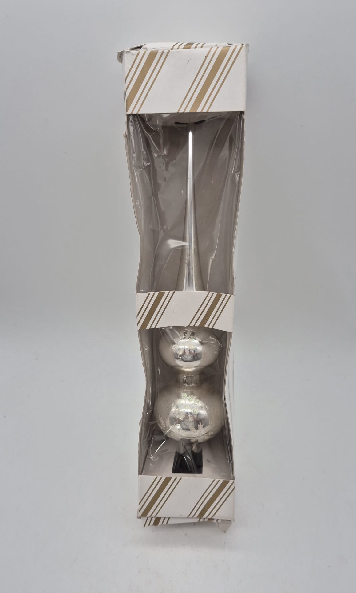 Alte Christbaumspitze aus Glas – Silber – ca. 28 cm – Originalverpackung