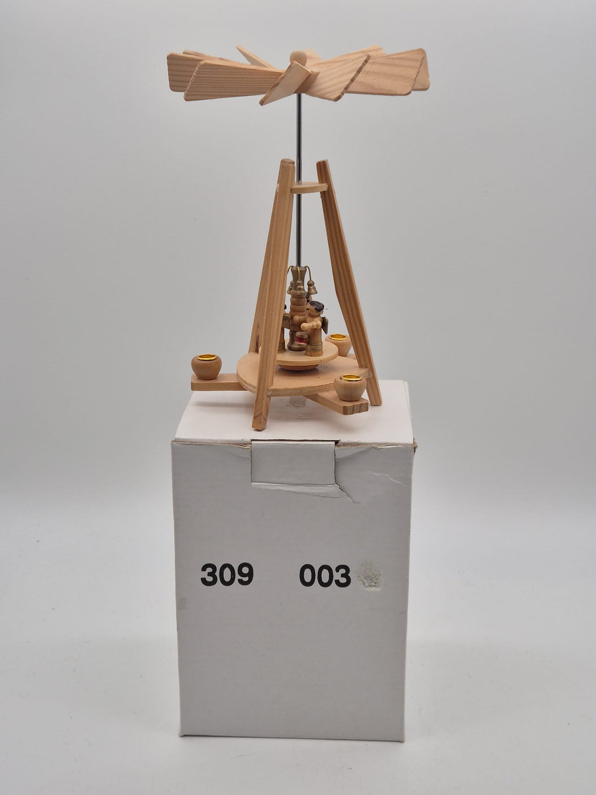 Kleine Weihnachtspyramide aus Holz mit Engeln & Glocken – ca. 18 cm neuwertig