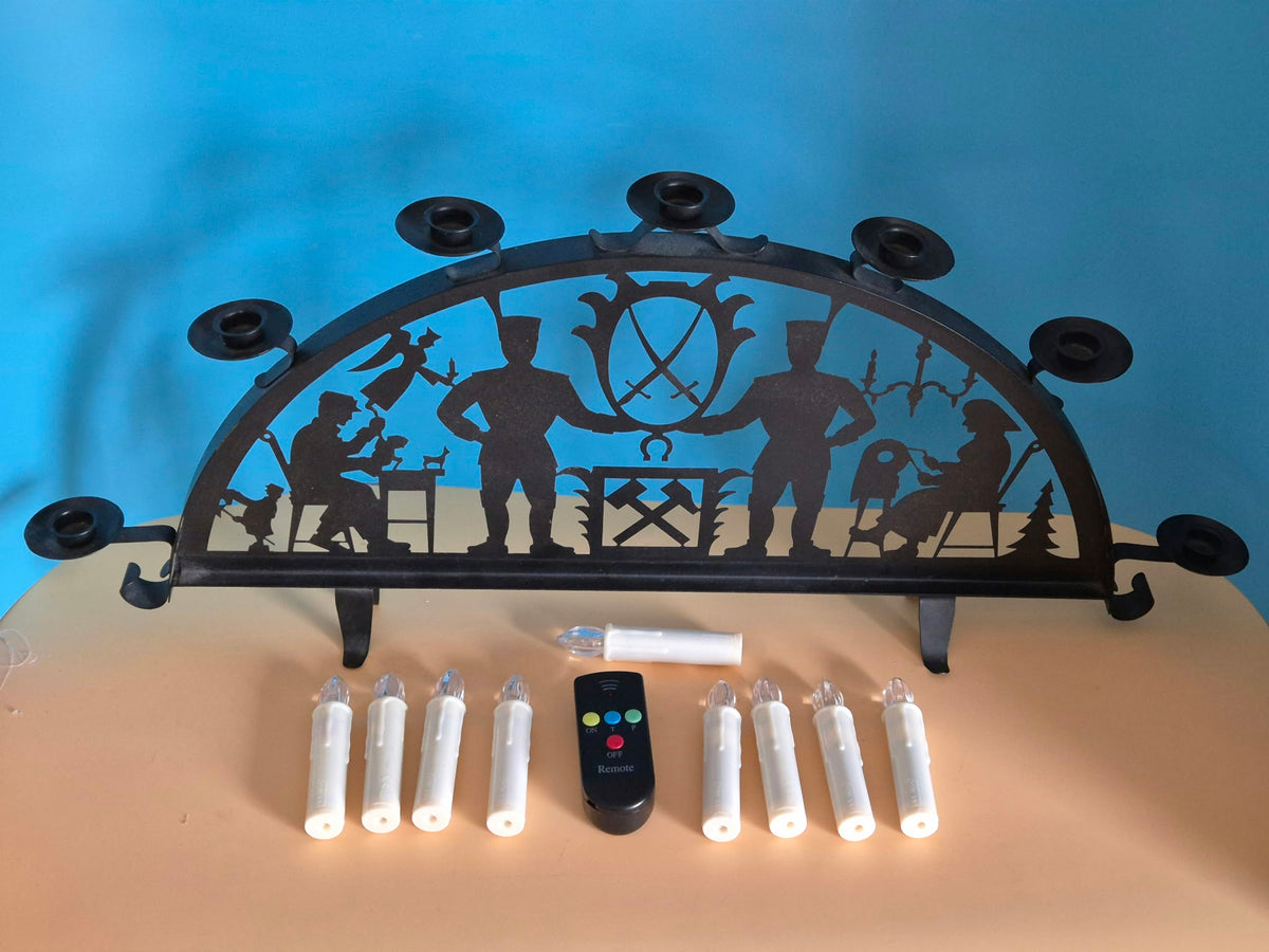 Metall-Schwibbogen Bergmann & Hüttenwesen – 9 LED-Kerzen mit Fernbedienung – ca. 60 cm