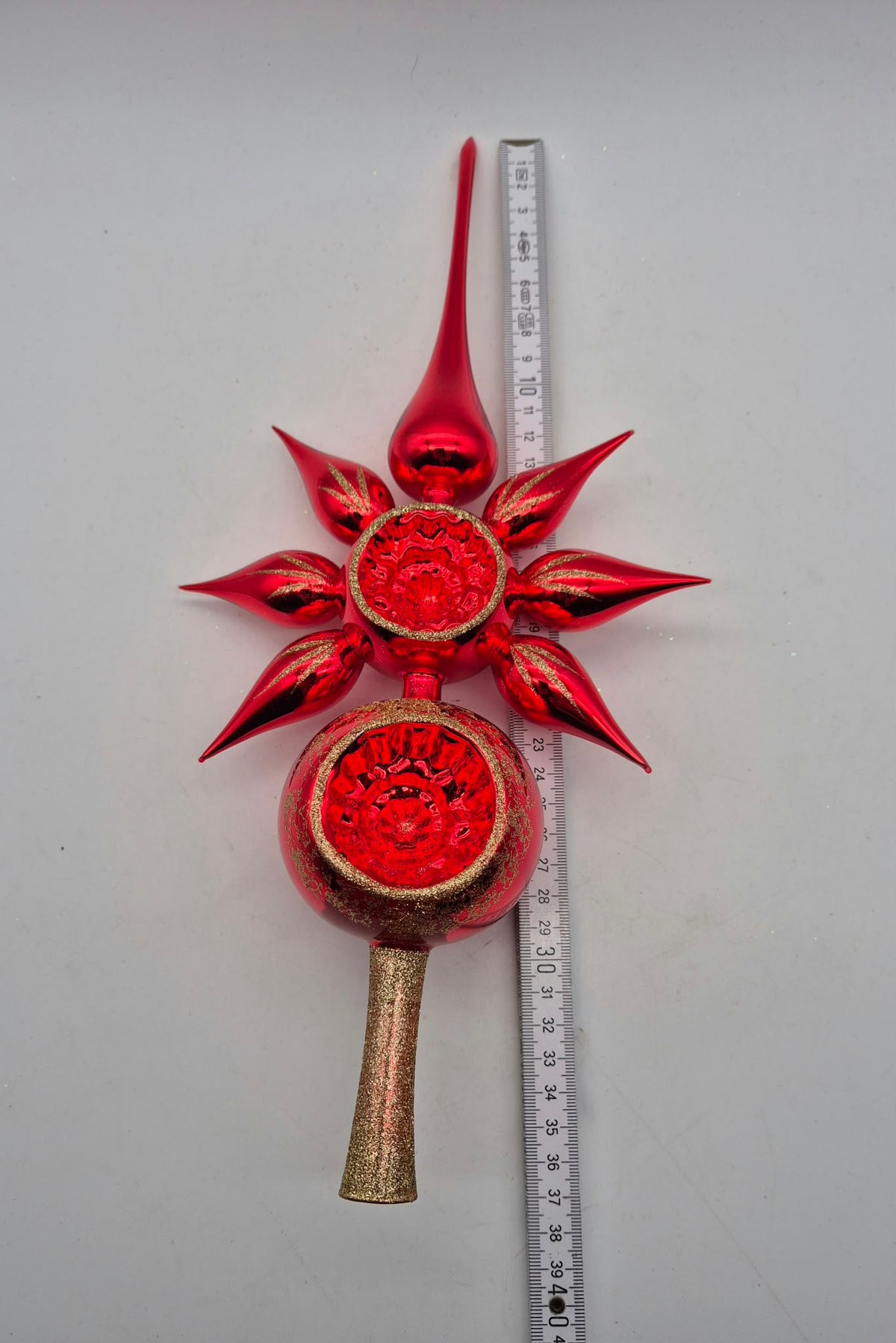 Große rote Christbaumspitze aus Glas – Reflexdekor mit Stern und Goldglitzer – ca. 37 cm