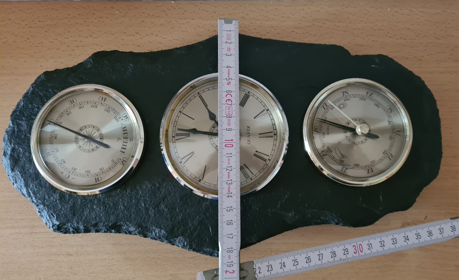 Wanduhr / Uhr Barometer Thermometer Schiefer schieferplatte Quarz