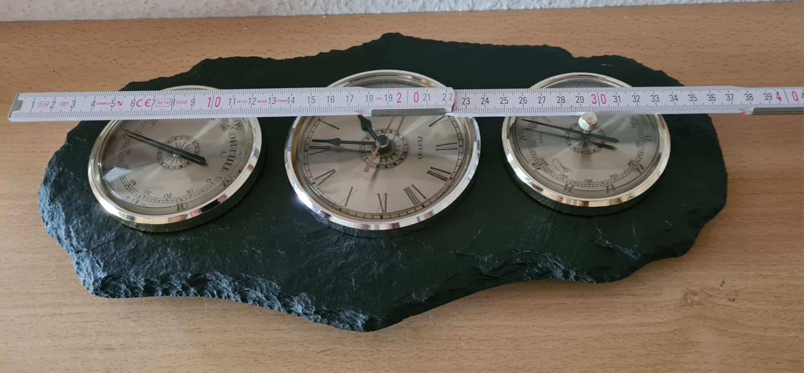 Wanduhr / Uhr Barometer Thermometer Schiefer schieferplatte Quarz