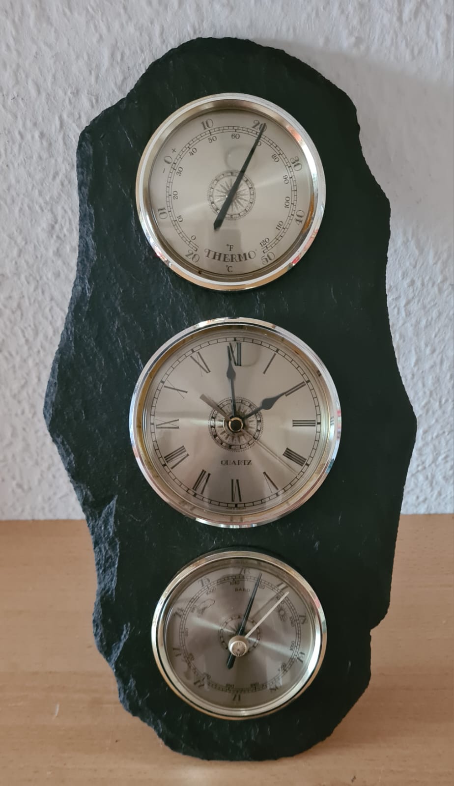 Wanduhr / Uhr Barometer Thermometer Schiefer schieferplatte Quarz