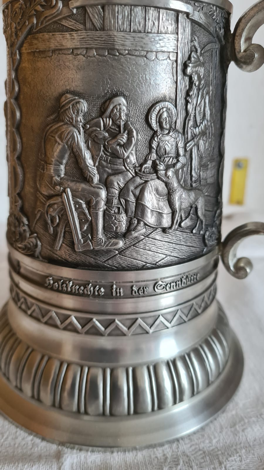 Zinnkrug Franz Defregger mit Deckel, Humpen, 0,75 Liter Bierkrug aus Zinn