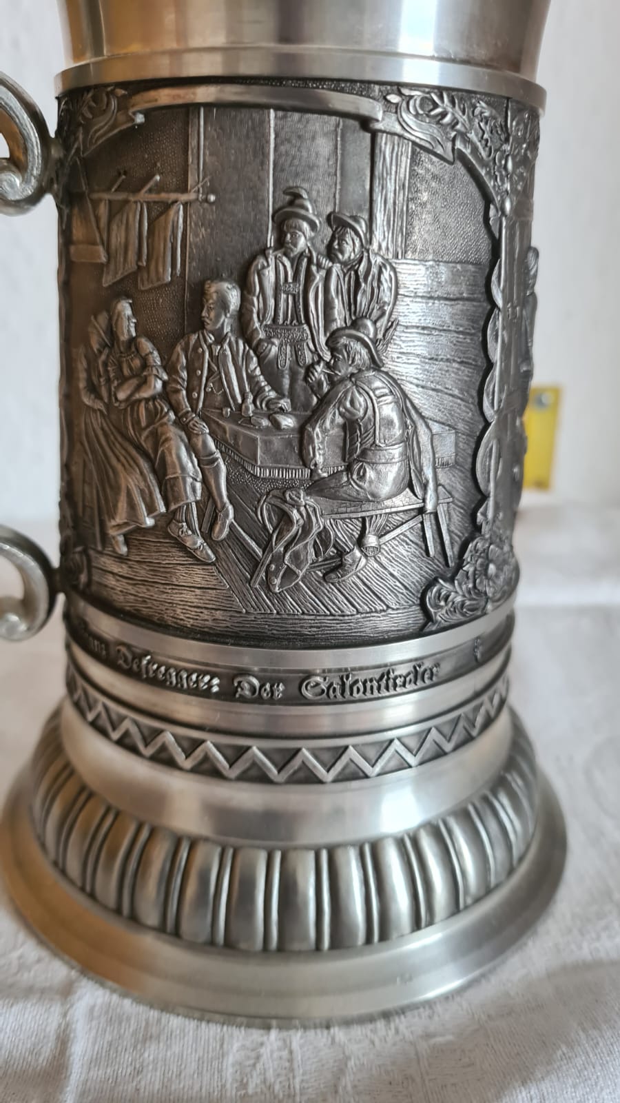 Zinnkrug Franz Defregger mit Deckel, Humpen, 0,75 Liter Bierkrug aus Zinn