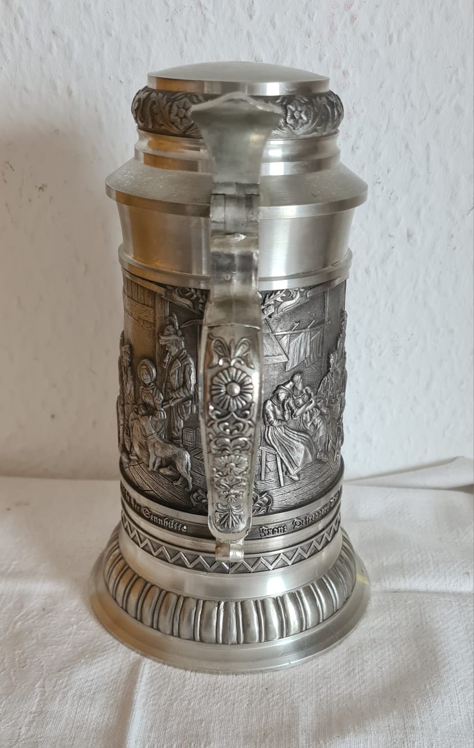 Zinnkrug Franz Defregger mit Deckel, Humpen, 0,75 Liter Bierkrug aus Zinn