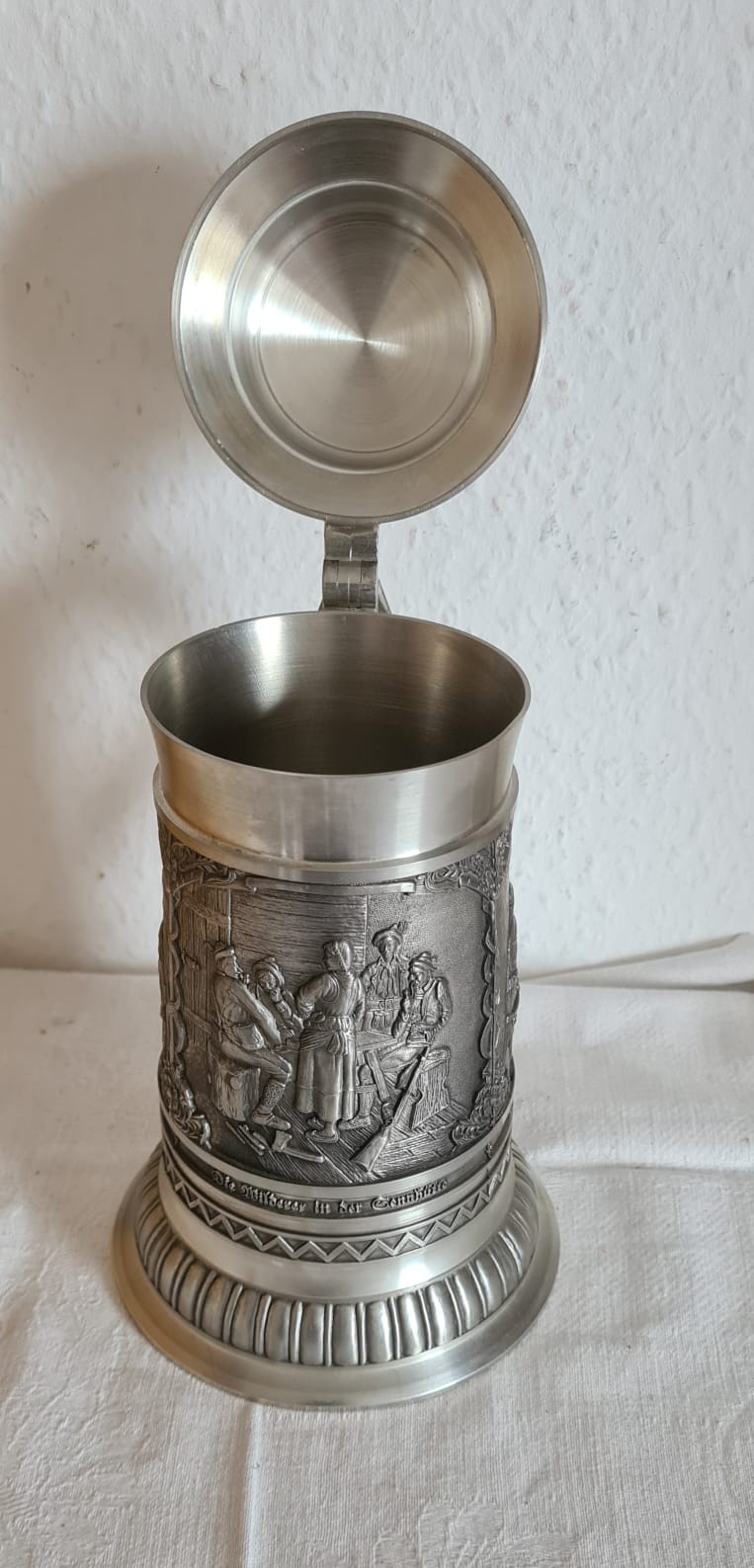 Zinnkrug Franz Defregger mit Deckel, Humpen, 0,75 Liter Bierkrug aus Zinn