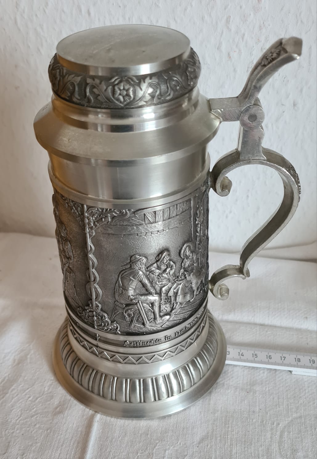 Zinnkrug Franz Defregger mit Deckel, Humpen, 0,75 Liter Bierkrug aus Zinn