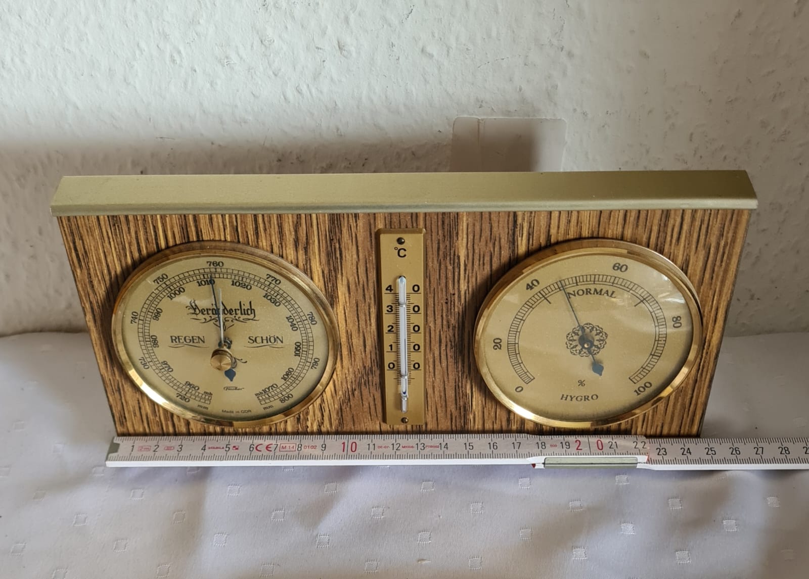 DDR Wetterstation Firma Fischer, Barometer, Thermometer