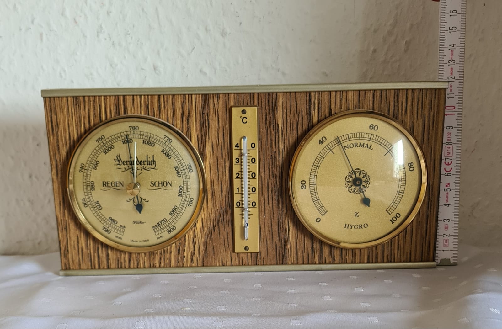 DDR Wetterstation Firma Fischer, Barometer, Thermometer