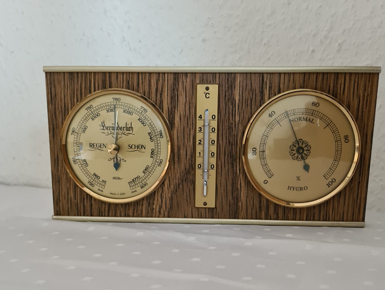 DDR Wetterstation Firma Fischer, Barometer, Thermometer