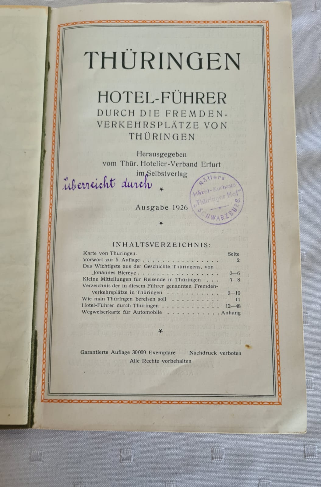 Buch Thüringen Hotel-Führer Ausgabe 1926