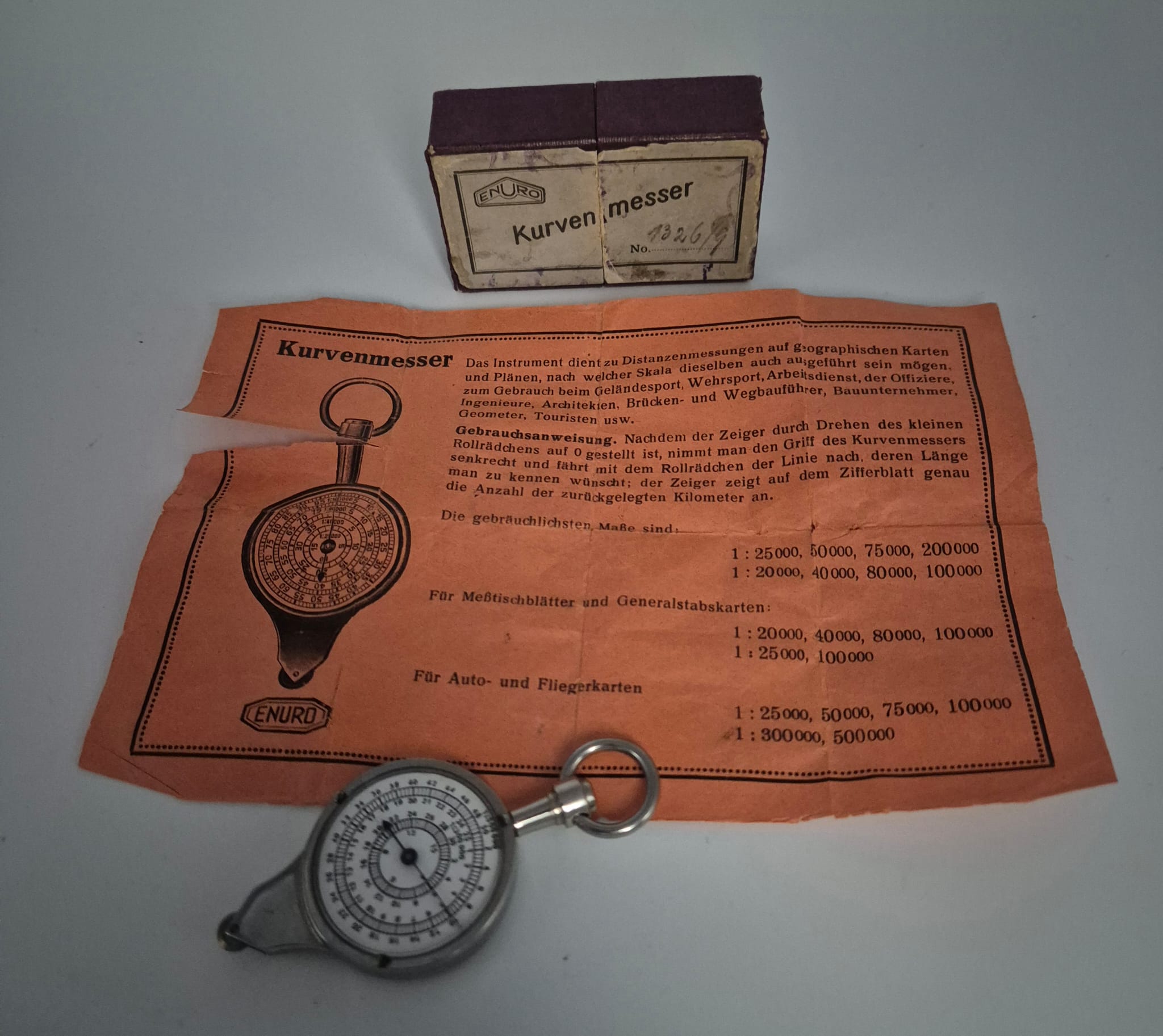 Alter Kurvenmesser ENURO Wehrmacht mit OVP und originaler Bedienungsanleitung