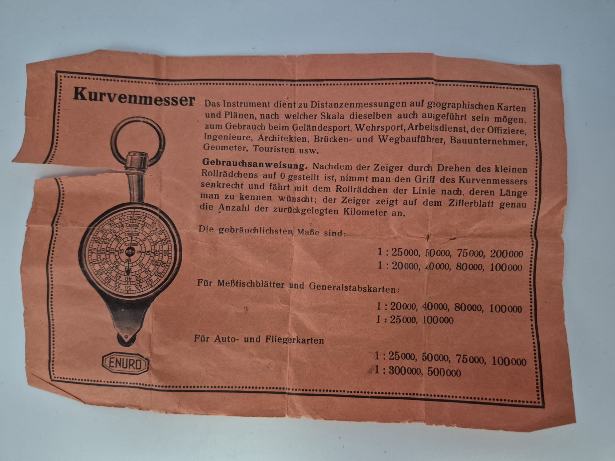 Alter Kurvenmesser ENURO Wehrmacht mit OVP und originaler Bedienungsanleitung