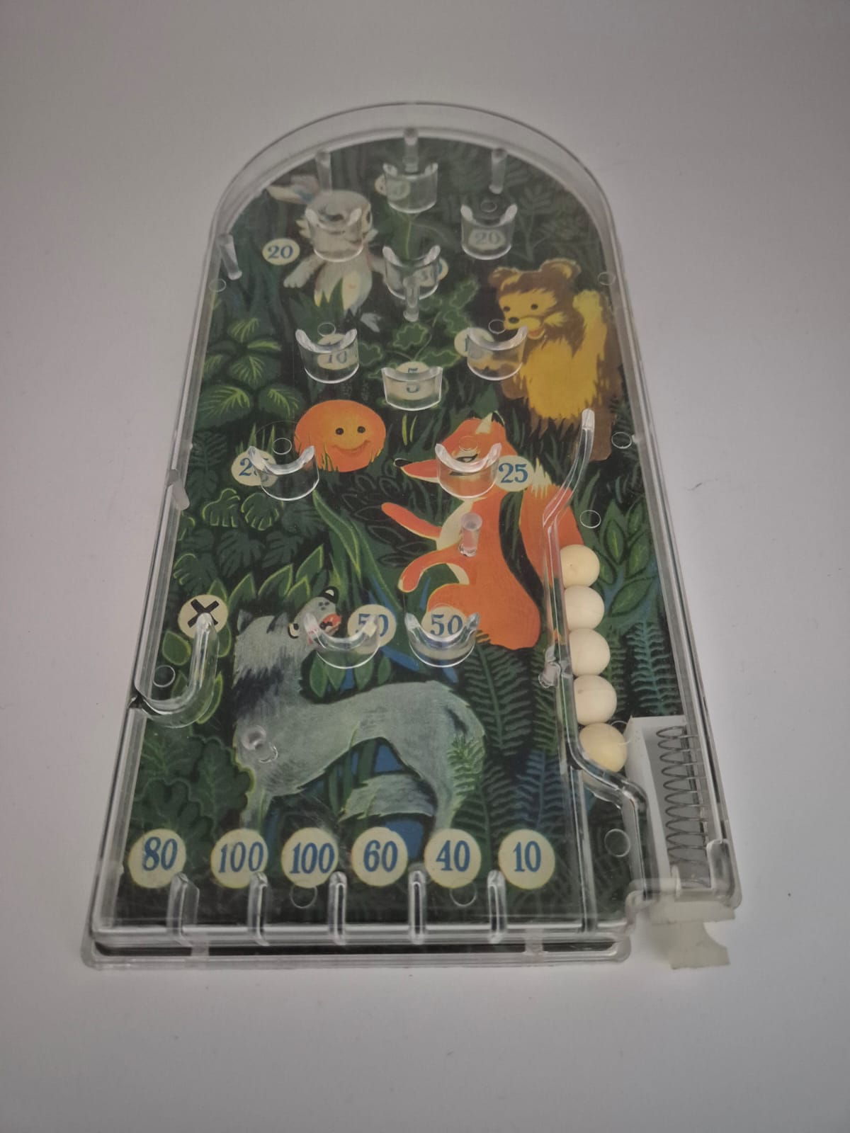 DDR Kugelspiel, Flipper, Tischspiel Fuchs und Waldtiere – mechanisches Geschicklichkeitsspiel