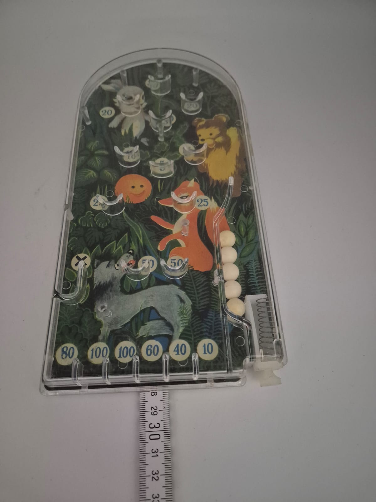 DDR Kugelspiel, Flipper, Tischspiel Fuchs und Waldtiere – mechanisches Geschicklichkeitsspiel