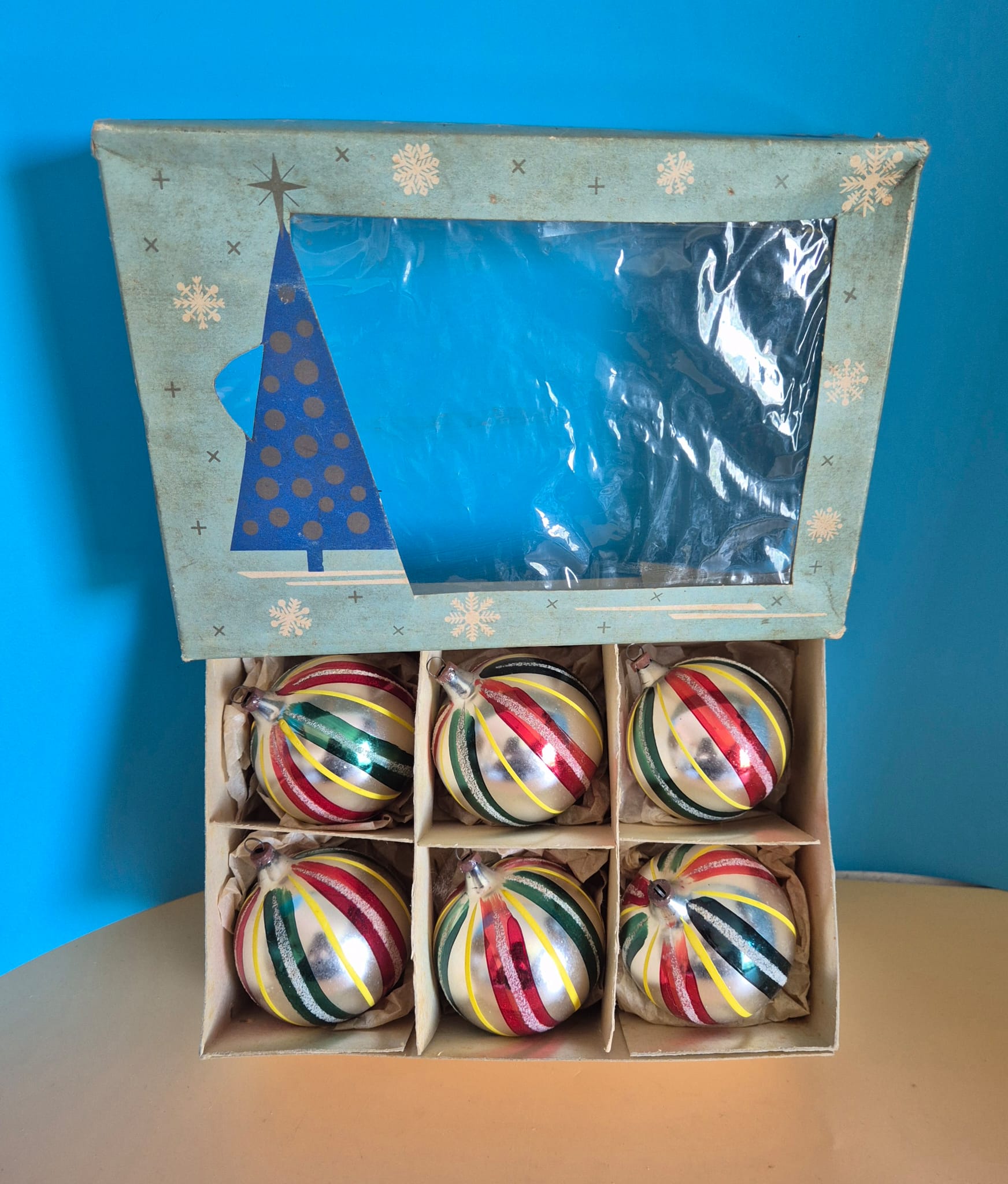 6 alte Weihnachtskugeln aus Glas in Originalverpackung