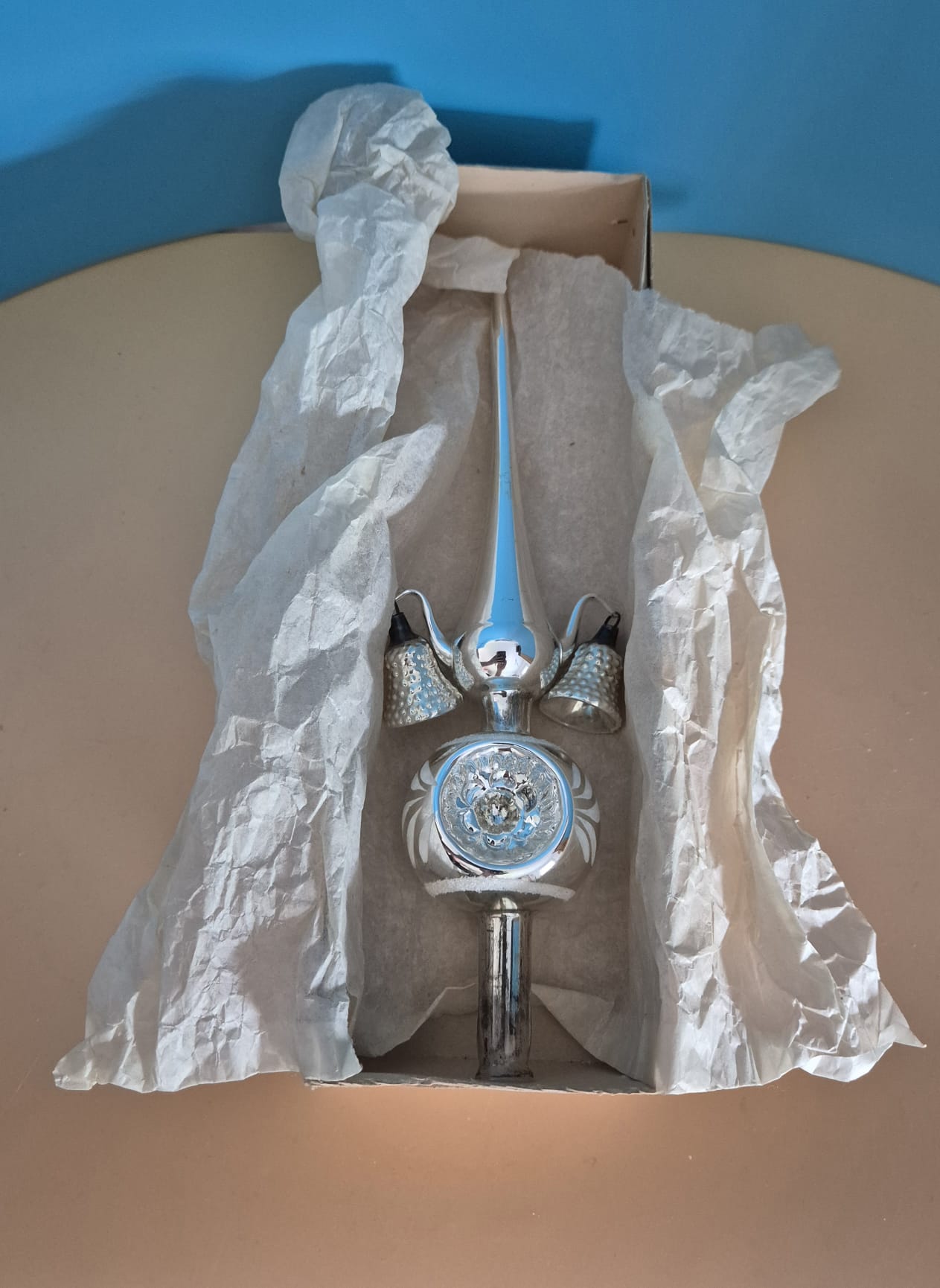 Christbaumspitze Silber mit Glocken und Reflexdekor